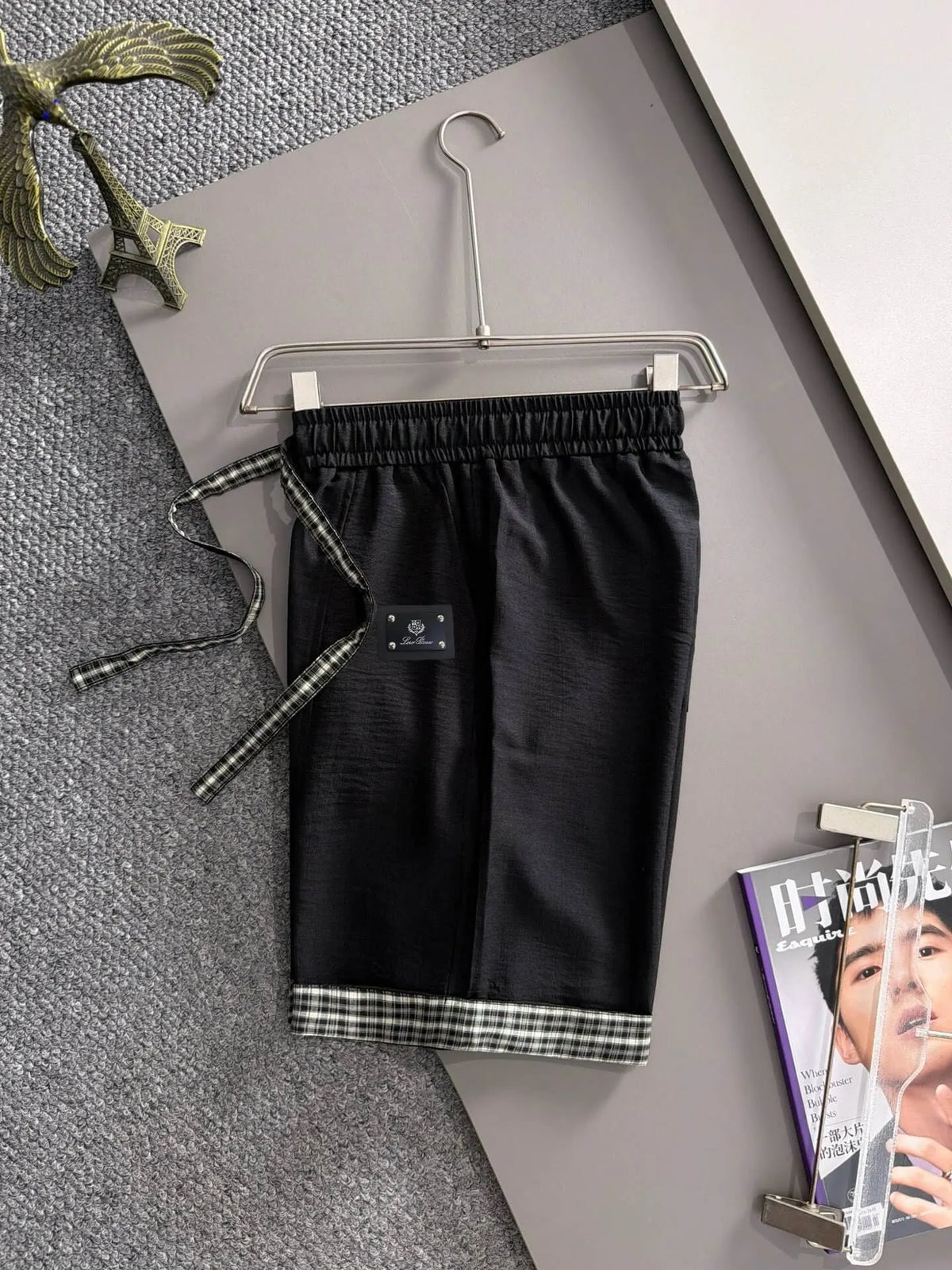 Plaid Cuff Label Decor Shorts
