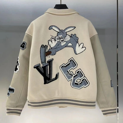 Cream Collared Patchwork Varsity Jacket