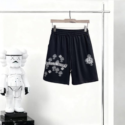 Cross‑Graphic Print Drawstring Shorts